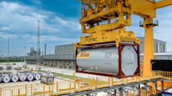 A Bertschi tank container is lifted at the Zhangjiagang chemical logistics hub in China. A Bertschi tank container is lifted at the Zhangjiagang chemical logistics hub in China.