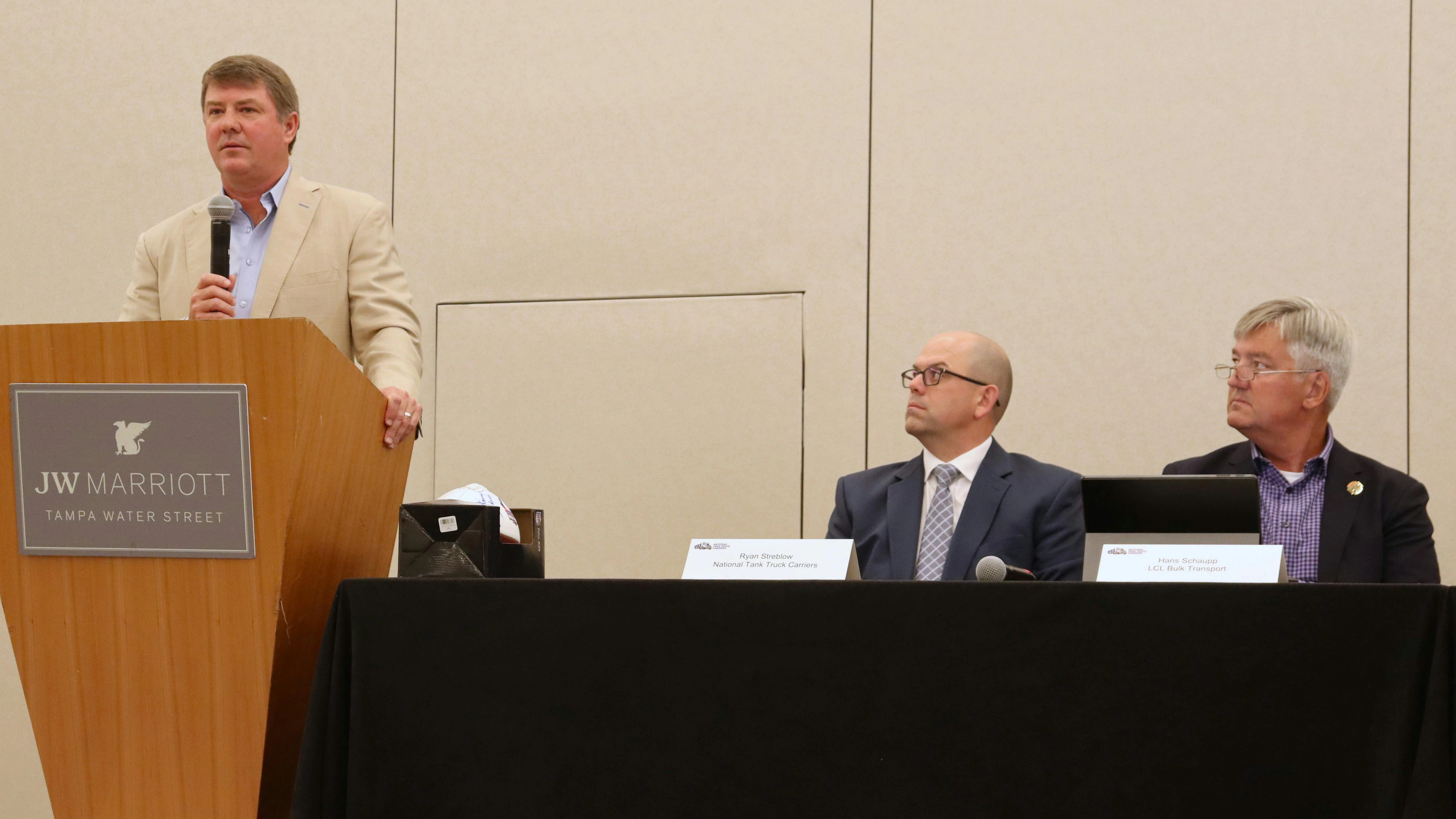 Jim Mullen, who is expected to succeed Jim Ward as president of the Truckload Carriers Association in April, addressses National Tank Truck Carriers' Advocacy committee during the 2025 NTTC Annual Conference in Tampa, Florida.