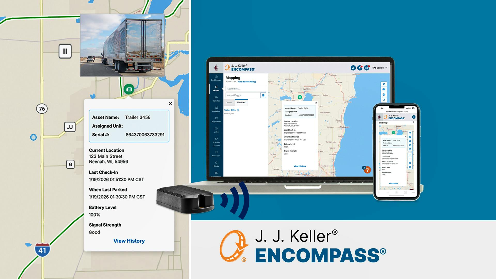 J.J. Keller & Associates&rsquo; AT100 asset tracking device, integrated with the Encompass platform, offers fleets real-time location, historical data, and customizable tracking for trailers and equipment.