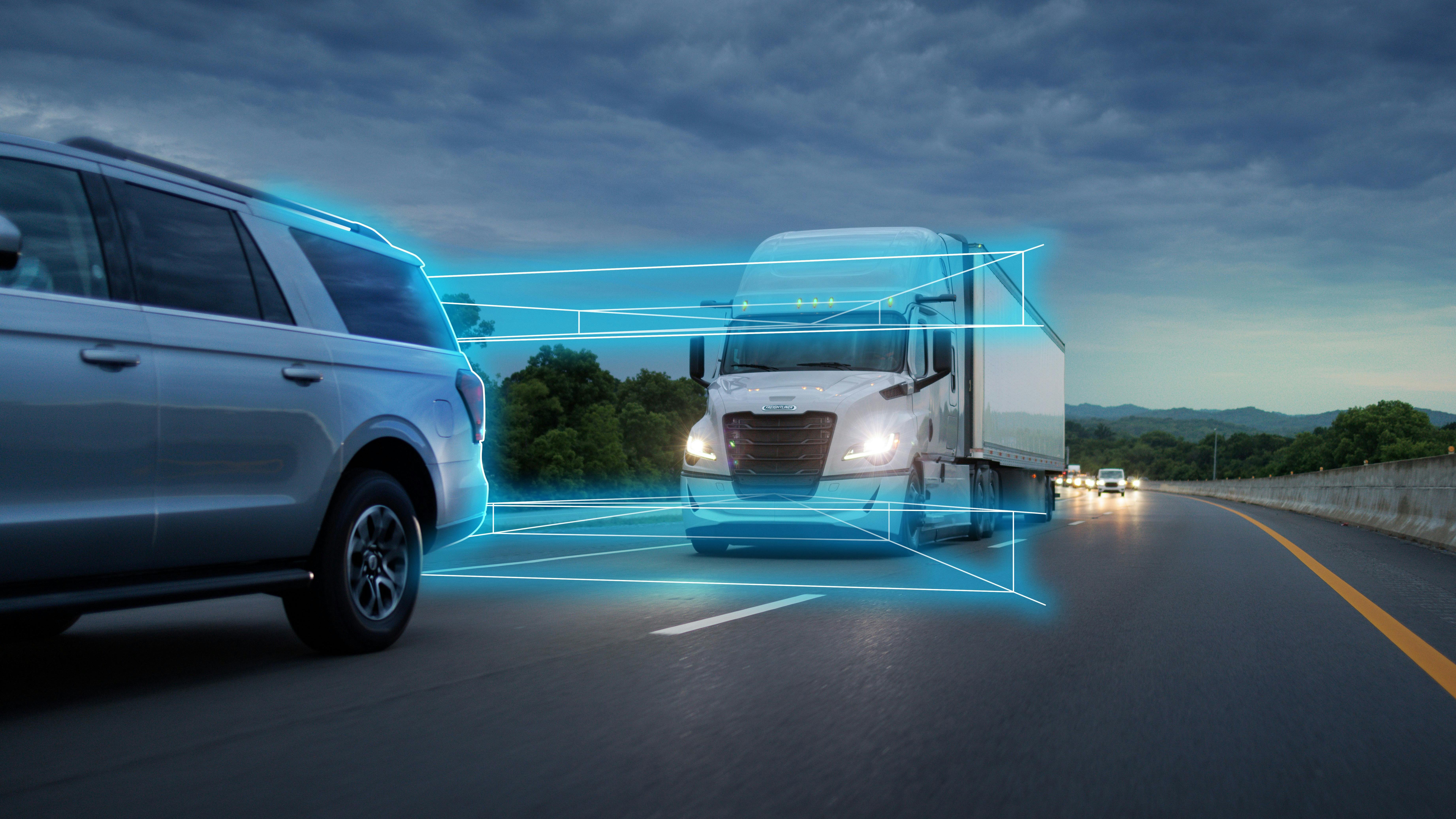 The updated Detroit Assurance safety suite includes Active Brake Assist 6, offering comprehensive 270-degree monitoring and advanced collision mitigation, alongside existing features like Active Lane Assist 2, enhancing driver safety and vehicle control.