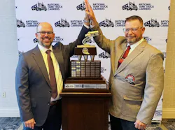 NTTC President and CEO Ryan Streblow, at left, high fives G&D/Hoffman driver Bruce Jones after his Tank Truck Driver of the Year win at the 2026 NTTC Annual Conference in Baltimore, Maryland.