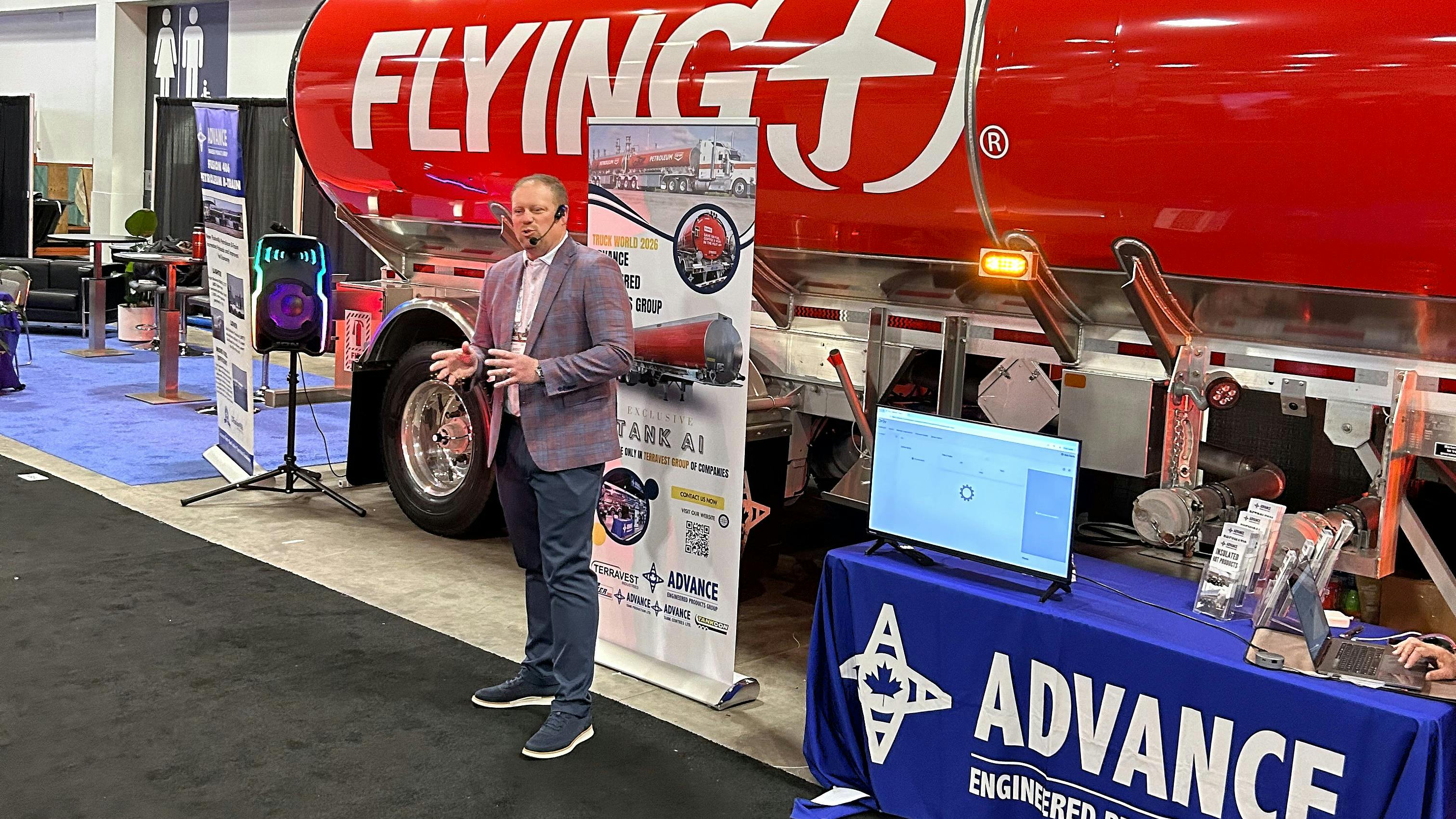 Brent Hickman, Pilot Company director of equipment, maintenance and fleet sales, leads one of two showcase presentations at Truck World 2026 outside Toronto, Ontario, Canada.