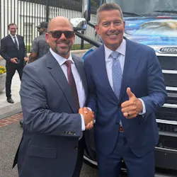 NTTC President and CEO Ryan Streblow, at left, shakes hands with Transportation Secretary Sean P. Duffy during the official White House kickoff for the new Freedom Haulers military veterans initiative.