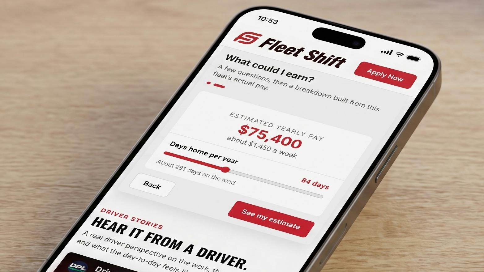 Driver Decision Kit&rsquo;s mobile web app features a dynamic pay calculator built from a fleet&rsquo;s actual pay sheets, allowing drivers to adjust variables like hometime to better understand their potential earnings.