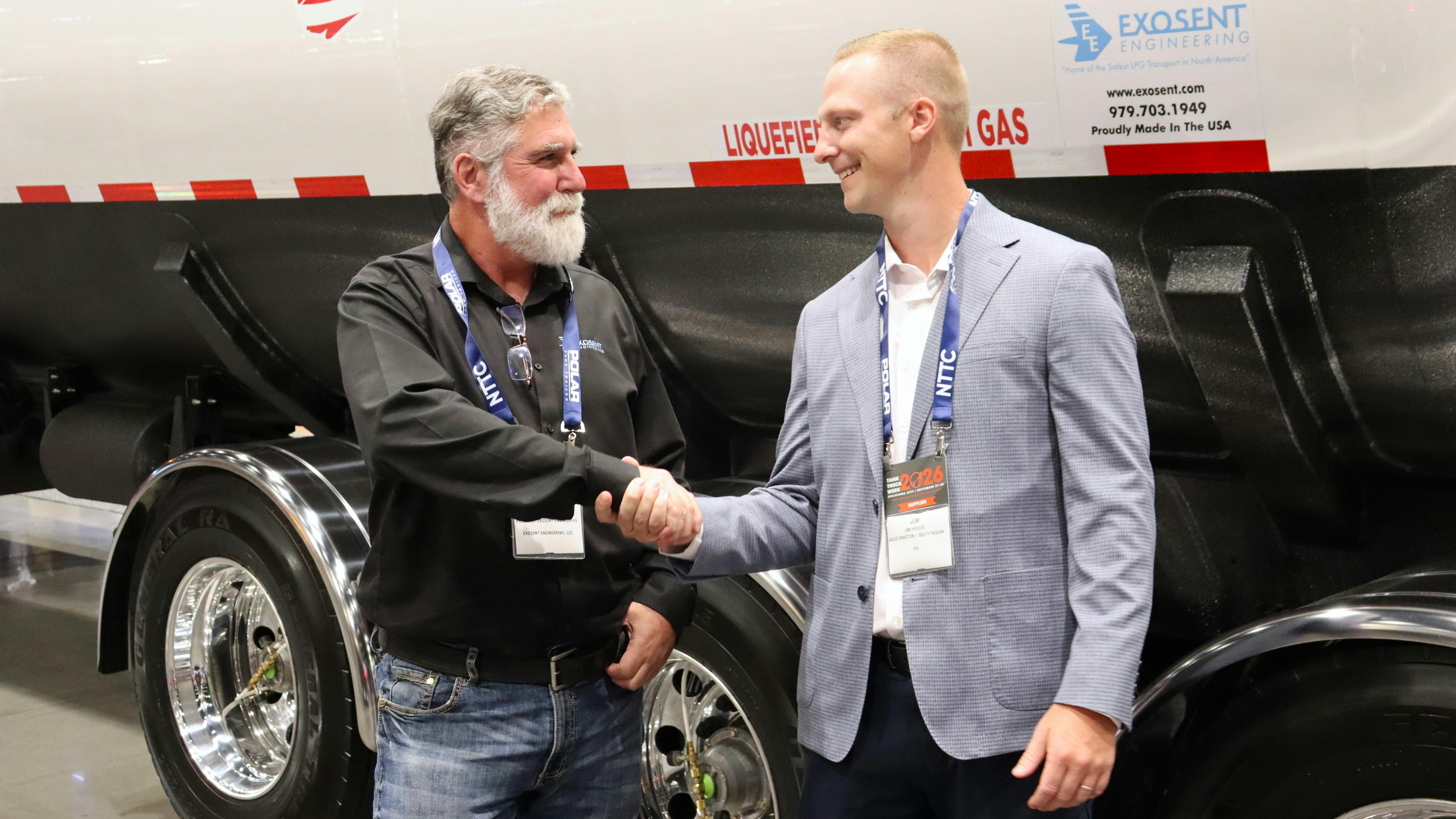 Uv Doron, Exosent Engineering owner, at left, and Jim Herzog, P.S.I.&rsquo;s regional sales director, introduced Tank Truck Week 2026 attendees to their newly enhanced partnership that gives Exosent customers the option of a equipping factory-installed TireView and TireView Live monitoring systems on MC-331 tank trailers.