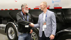 Uv Doron, Exosent Engineering owner, at left, and Jim Herzog, P.S.I.’s regional sales director, introduced Tank Truck Week 2026 attendees to their newly enhanced partnership that gives Exosent customers the option of a equipping factory-installed TireView and TireView Live monitoring systems on MC-331 tank trailers.