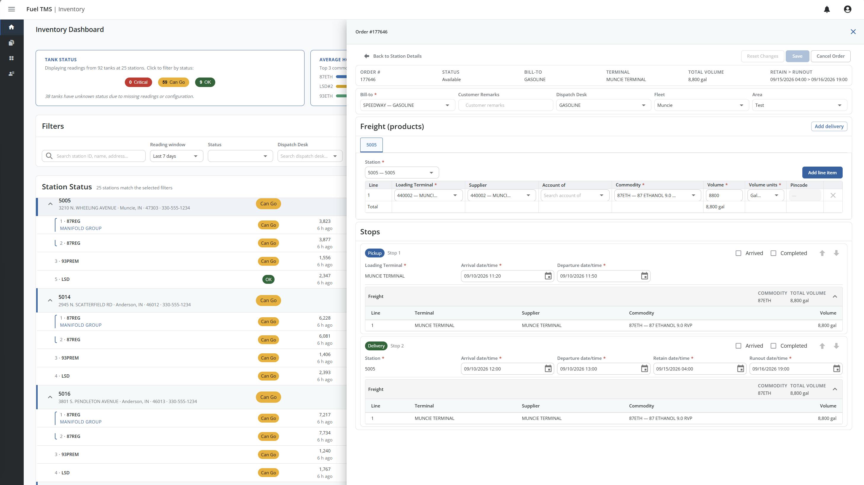 Trimble&rsquo;s upgraded Fuel Dispatch platform features a modernized, browser-based interface designed to give fuel carriers complete operational visibility. As shown in the inventory dashboard detailing a dispatched order for a specific station, the software allows dispatchers to triage critical tank levels in real time and immediately drill down into individual station order details, commodities, and delivery windows.