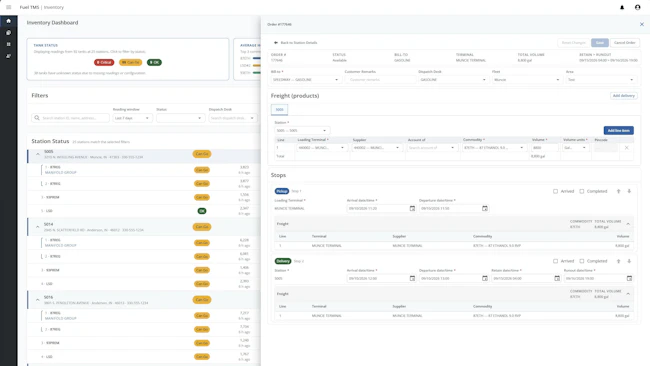 Trimble&rsquo;s upgraded Fuel Dispatch platform features a modernized, browser-based interface designed to give fuel carriers complete operational visibility. As shown in the inventory dashboard detailing a dispatched order for a specific station, the software allows dispatchers to triage critical tank levels in real time and immediately drill down into individual station order details, commodities, and delivery windows.