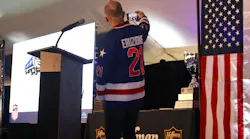 G&D/Hoffman Chief Operating Officer Jerry Curl takes a selfie on stage for Mike Eruzione, captain of the 1980 U.S. Olympic hockey team, who was originally scheduled to deliver the keynote address but had his flight nixed by inclement weather.