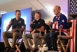 G&D/Hoffman COO Jerry Curl, at right, leads an on-stage Q&A session with Dr. Tom Antkowiak, at left, and Jason Adolph of the Illinois Bone & Joint Institute, which provides no-cost orthopedic care to G&D/Hoffman employees.