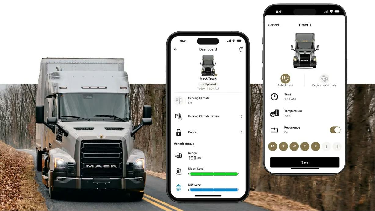 The recently updated MyMack smartphone application features a digital dashboard that allows drivers to remotely monitor critical vehicle metrics&mdash;including diesel and DEF levels&mdash;and schedule cab climate pre-conditioning.